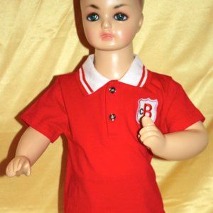 Red polo shirt with matching plaid shorts